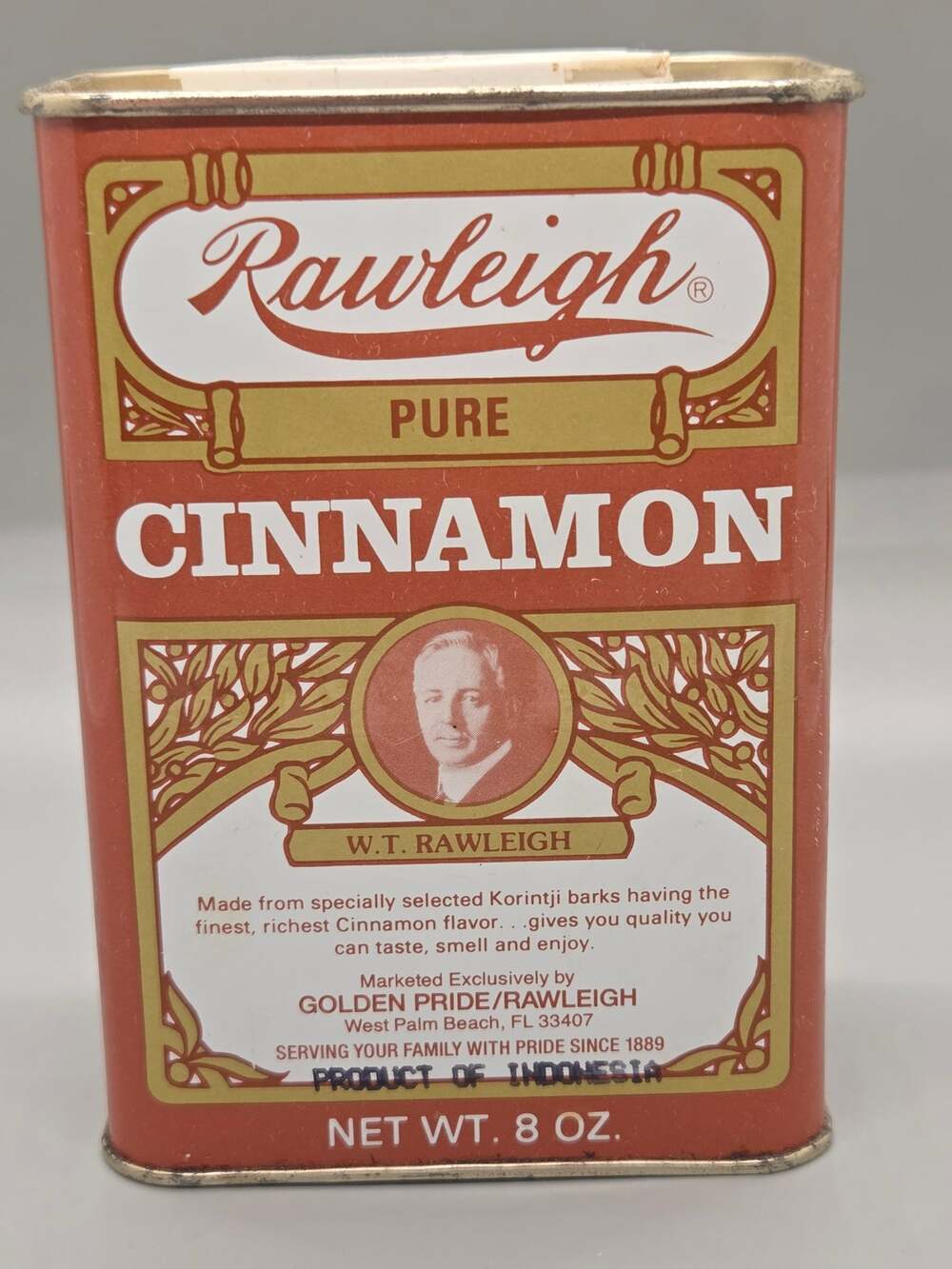 Vintage Rawleigh Pure Cinnamon 8-ounce tin Portrait of Founder W.T. Rawleigh